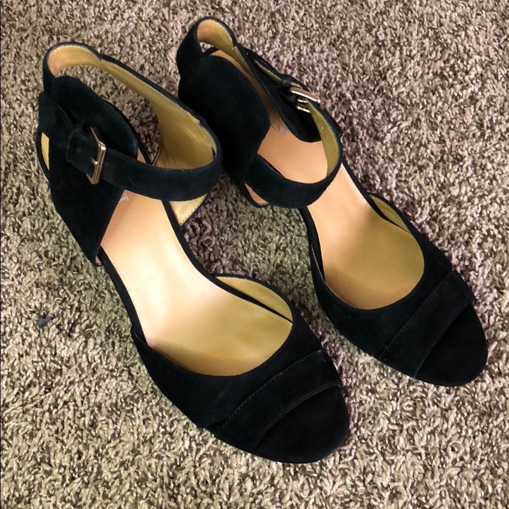 Black suede strappy open toe heels